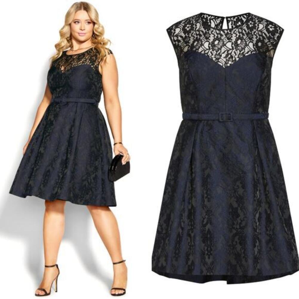New! City Chic Ornate Dress in black lace and navy jacquard, plus size 24 - Picture 2 of 16